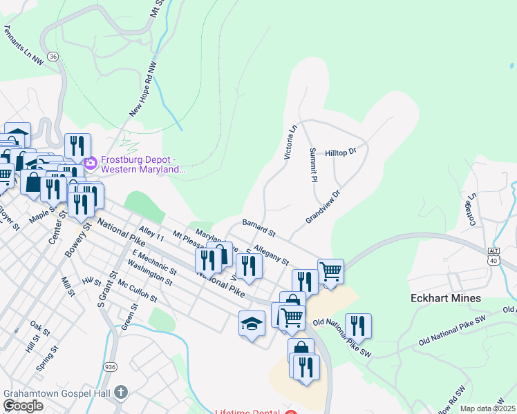 map of restaurants, bars, coffee shops, grocery stores, and more near 61 Victoria Lane in Frostburg