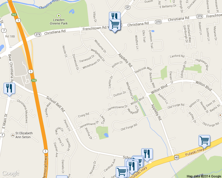 map of restaurants, bars, coffee shops, grocery stores, and more near 130 Kenton Ct in New Castle