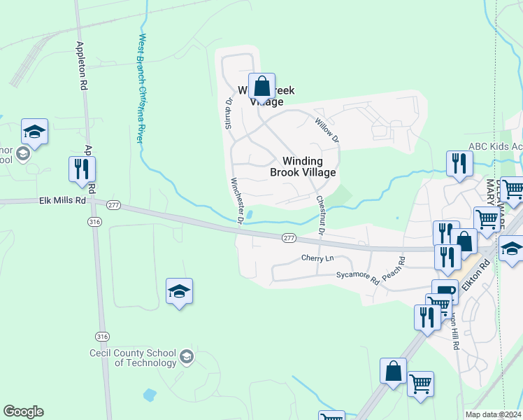 map of restaurants, bars, coffee shops, grocery stores, and more near 17 Caribou Court in Elkton