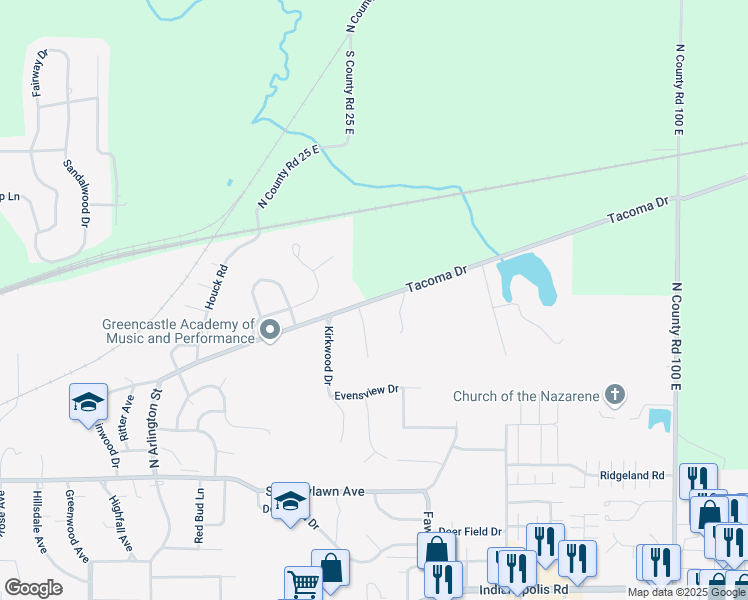 map of restaurants, bars, coffee shops, grocery stores, and more near Tacoma Drive in Greencastle