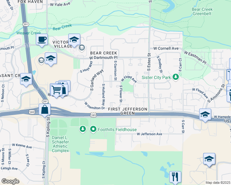 map of restaurants, bars, coffee shops, grocery stores, and more near 3355 South Flower Street in Lakewood