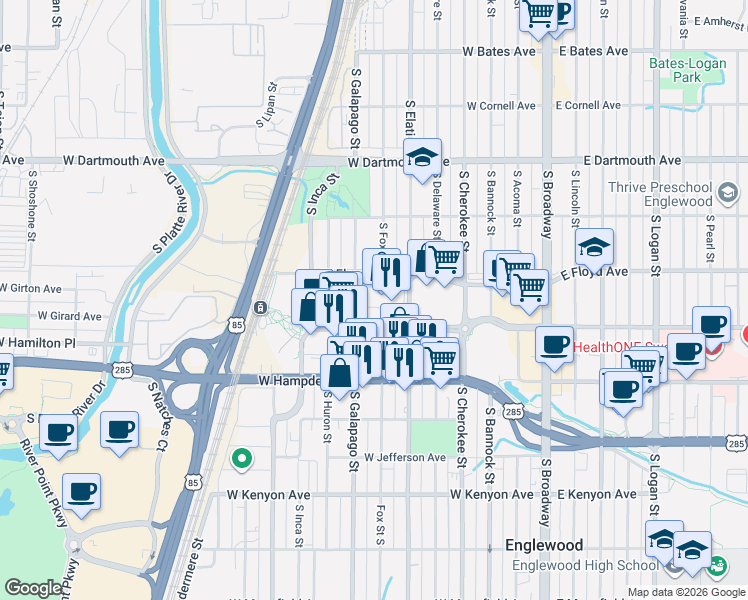 map of restaurants, bars, coffee shops, grocery stores, and more near 601 Englewood Parkway in Englewood