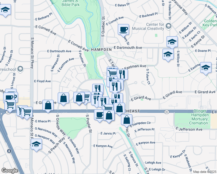 map of restaurants, bars, coffee shops, grocery stores, and more near 7777 East Hampden Avenue in Denver