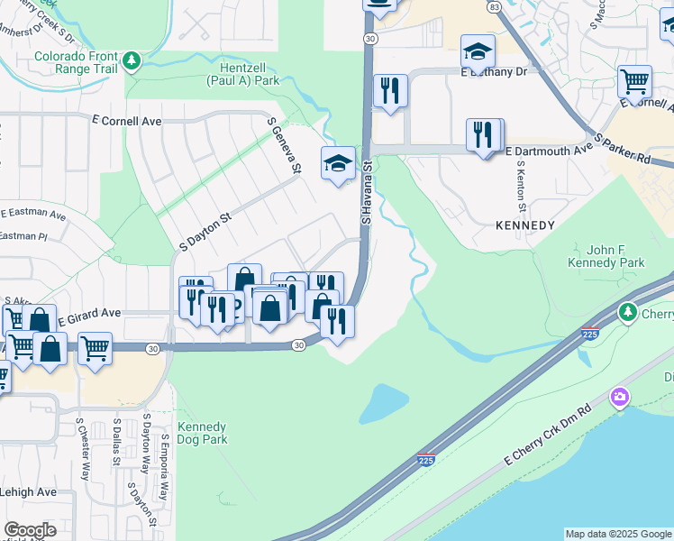 map of restaurants, bars, coffee shops, grocery stores, and more near 10200 East Girard Avenue in Denver