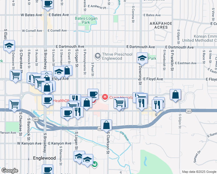 map of restaurants, bars, coffee shops, grocery stores, and more near 3369 South Emerson Street in Englewood