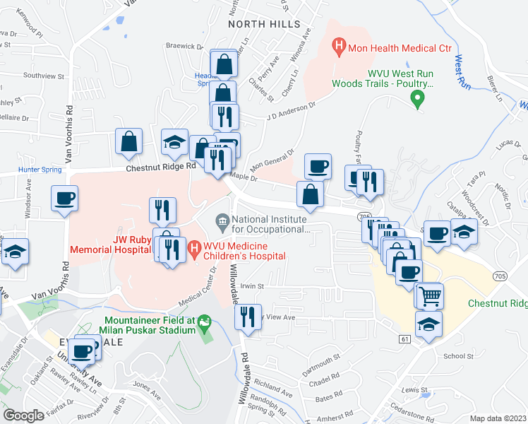 map of restaurants, bars, coffee shops, grocery stores, and more near 945 Chestnut Ridge Road in Morgantown