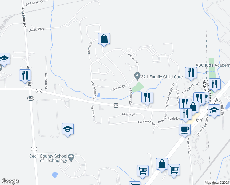 map of restaurants, bars, coffee shops, grocery stores, and more near 442 Willow Drive in Elkton