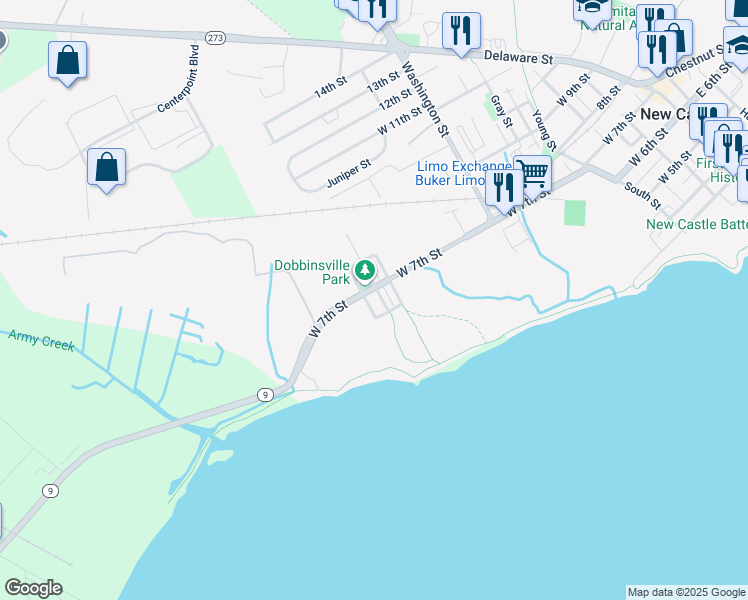 map of restaurants, bars, coffee shops, grocery stores, and more near 625 Clymer Street in New Castle