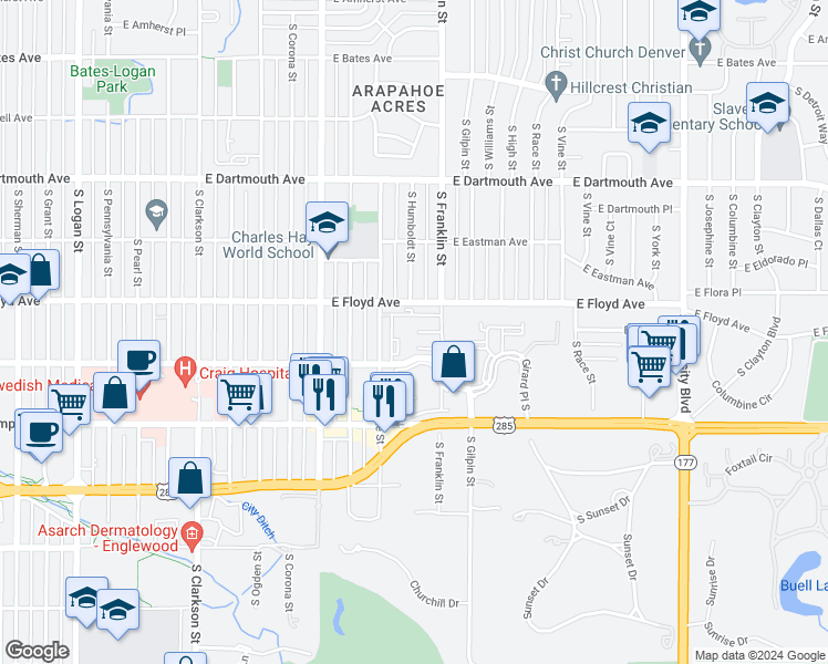 map of restaurants, bars, coffee shops, grocery stores, and more near 1401 Girard Place South in Englewood
