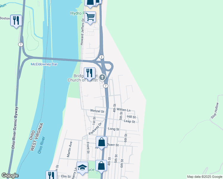 map of restaurants, bars, coffee shops, grocery stores, and more near 1105 4th Street in New Martinsville