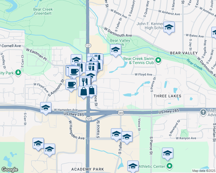 map of restaurants, bars, coffee shops, grocery stores, and more near 7309 West Hampden Avenue in Lakewood