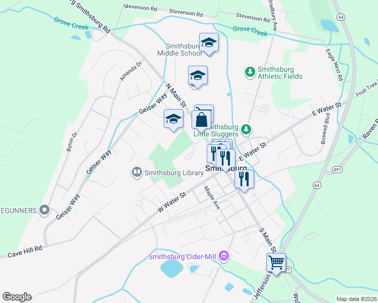 map of restaurants, bars, coffee shops, grocery stores, and more near 16 Washington Court in Smithsburg