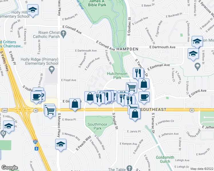map of restaurants, bars, coffee shops, grocery stores, and more near 7100 East Hamilton Place in Denver