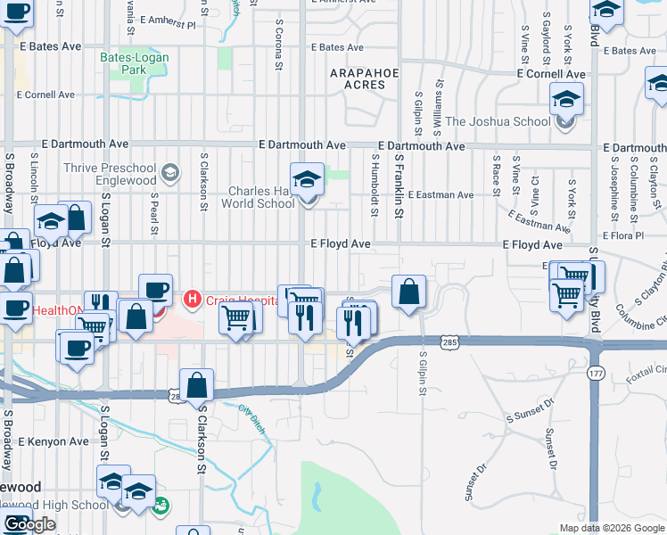 map of restaurants, bars, coffee shops, grocery stores, and more near 3371 South Lafayette Street in Englewood