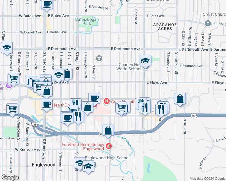 map of restaurants, bars, coffee shops, grocery stores, and more near 3369 South Emerson Street in Englewood