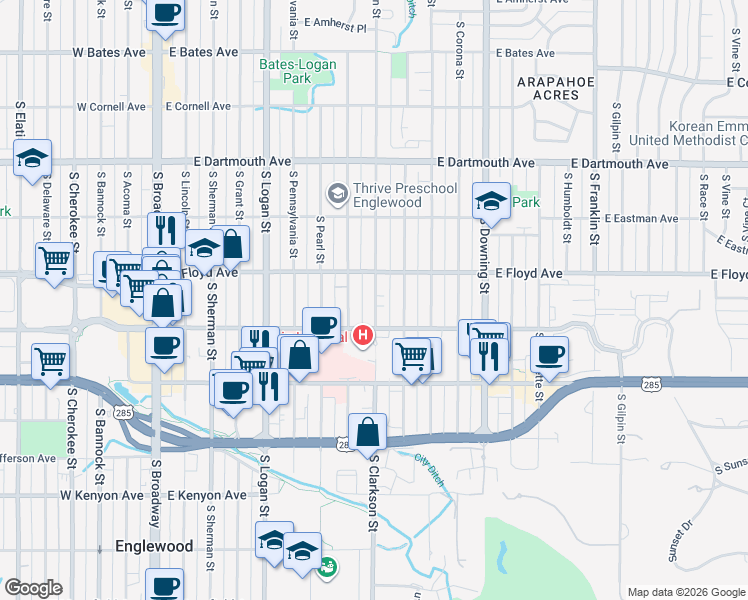 map of restaurants, bars, coffee shops, grocery stores, and more near 3372 South Washington Street in Englewood