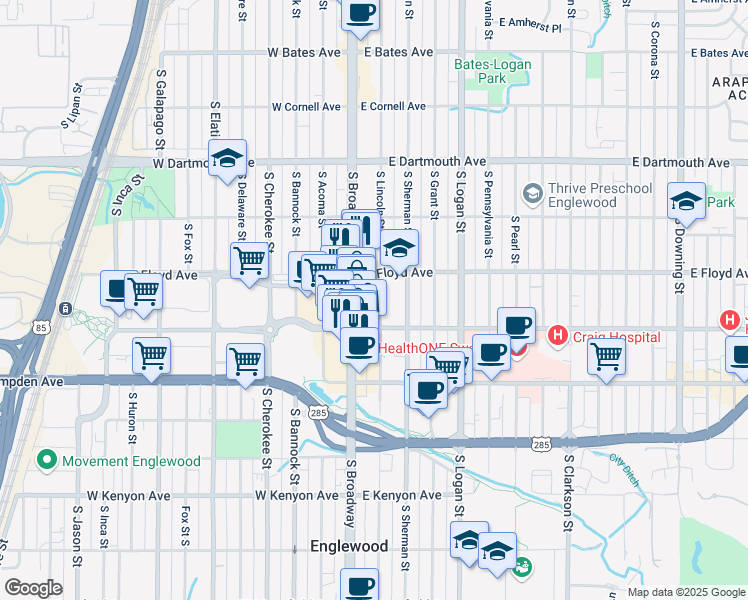 map of restaurants, bars, coffee shops, grocery stores, and more near 3333 South Lincoln Street in Englewood