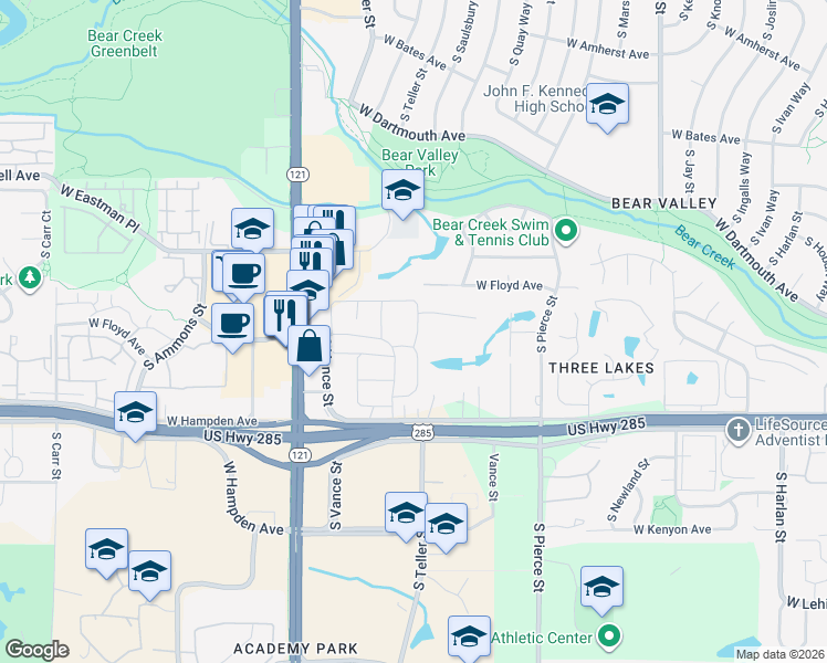 map of restaurants, bars, coffee shops, grocery stores, and more near 7 South Upham Street in Lakewood