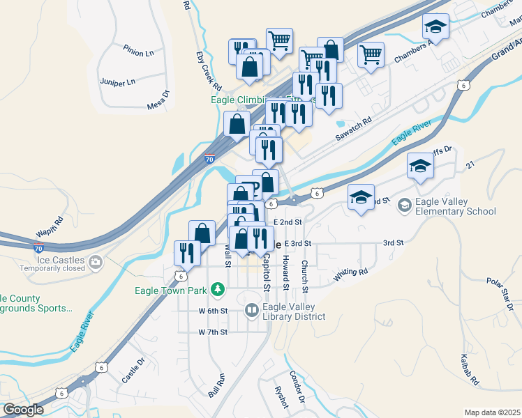 map of restaurants, bars, coffee shops, grocery stores, and more near 135 East 2nd Street in Eagle