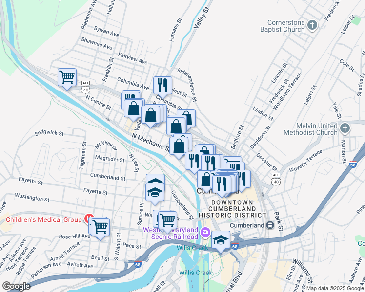 map of restaurants, bars, coffee shops, grocery stores, and more near in Cumberland