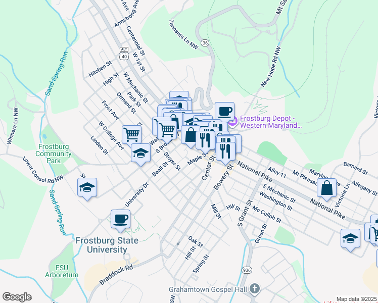 map of restaurants, bars, coffee shops, grocery stores, and more near 37 Maple Street in Frostburg