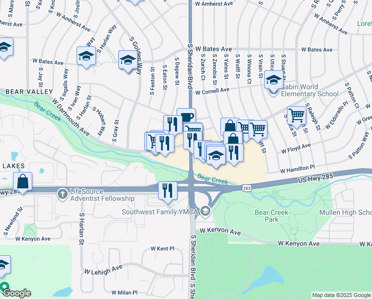 map of restaurants, bars, coffee shops, grocery stores, and more near 3103 South Sheridan Boulevard in Denver