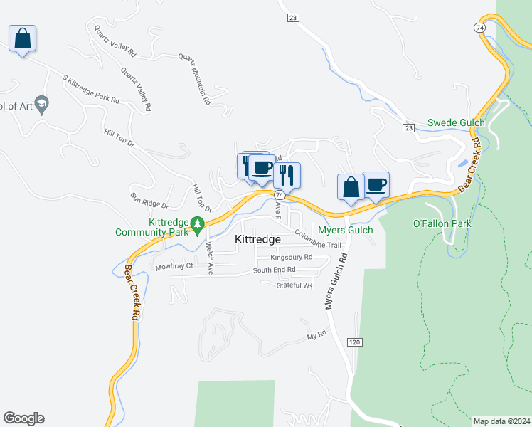 map of restaurants, bars, coffee shops, grocery stores, and more near 26257 Columbine Trail in Kittredge