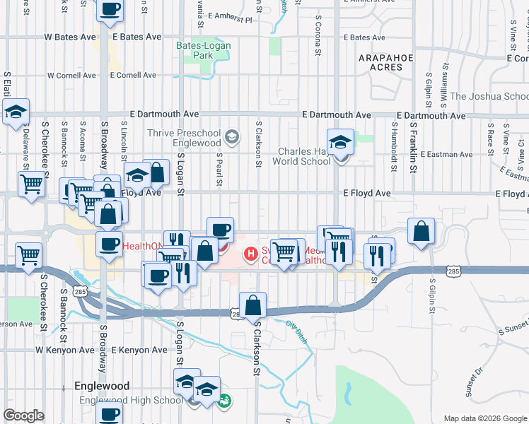 map of restaurants, bars, coffee shops, grocery stores, and more near 3350 South Clarkson Street in Englewood