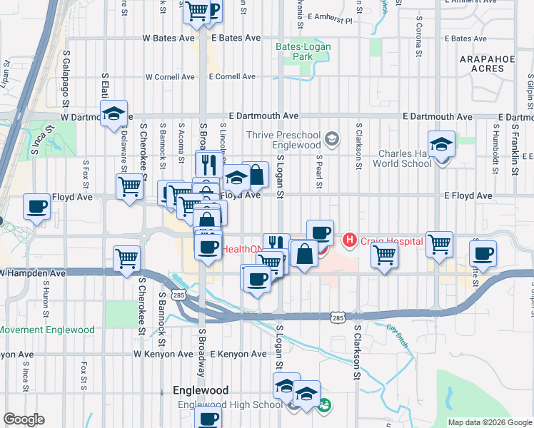 map of restaurants, bars, coffee shops, grocery stores, and more near 3350 South Grant Street in Englewood