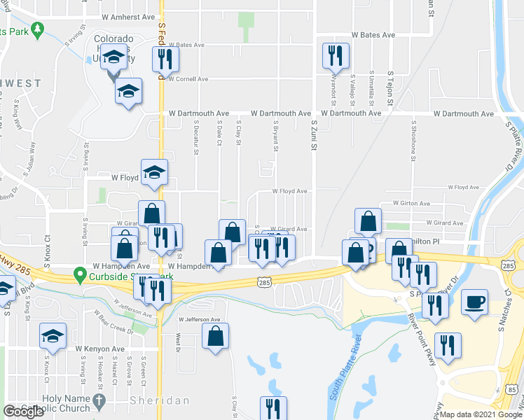 map of restaurants, bars, coffee shops, grocery stores, and more near 3340 South Canosa Court in Englewood