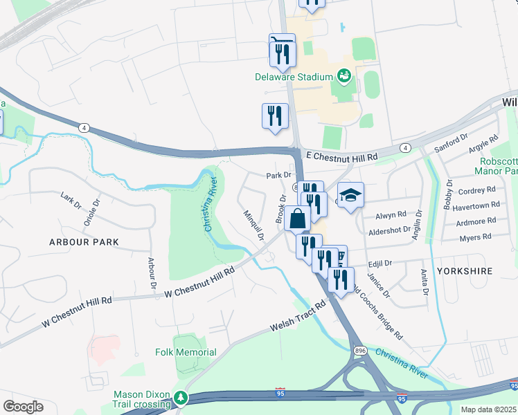 map of restaurants, bars, coffee shops, grocery stores, and more near 26 Lenape Lane in Newark