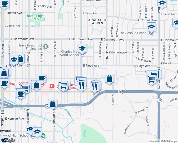 map of restaurants, bars, coffee shops, grocery stores, and more near 3371 South Lafayette Street in Englewood