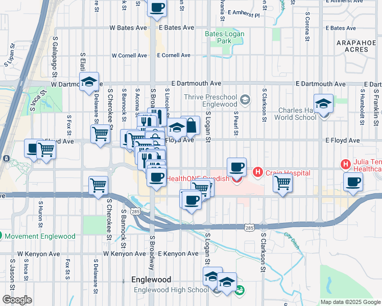 map of restaurants, bars, coffee shops, grocery stores, and more near 3333 South Grant Street in Englewood
