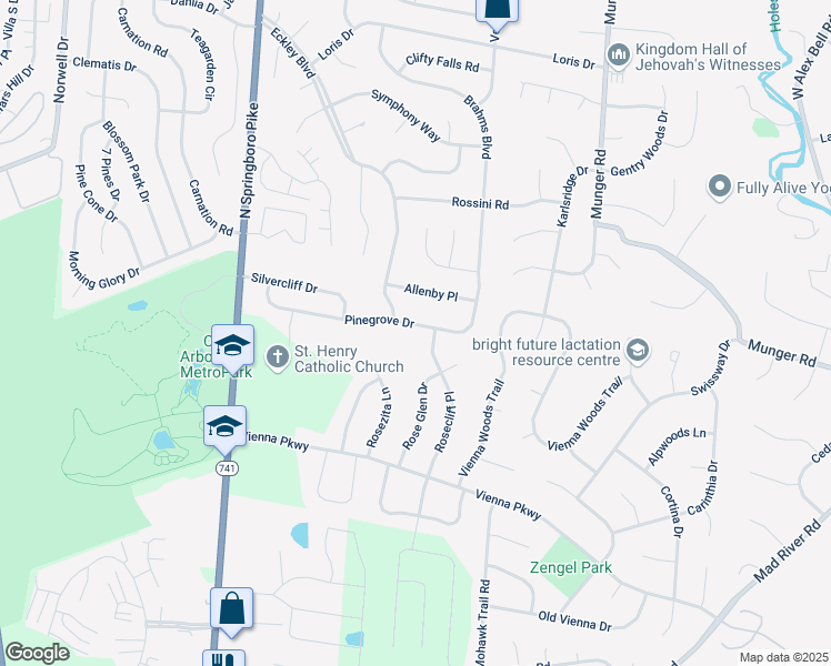 map of restaurants, bars, coffee shops, grocery stores, and more near 6625 Rosecliff Place in Dayton
