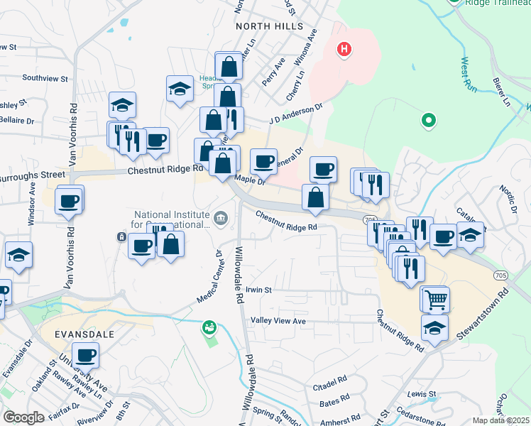 map of restaurants, bars, coffee shops, grocery stores, and more near 943 Chestnut Ridge Road in Morgantown