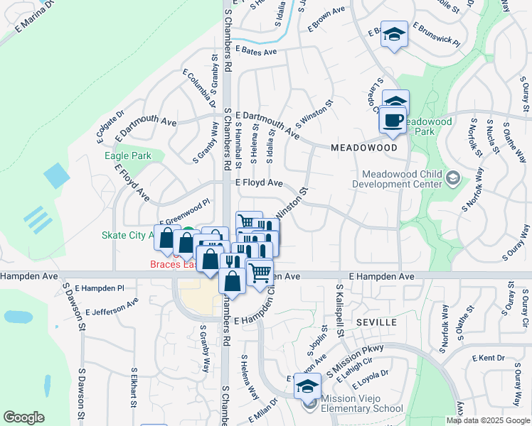 map of restaurants, bars, coffee shops, grocery stores, and more near 3361 South Winston Street in Aurora