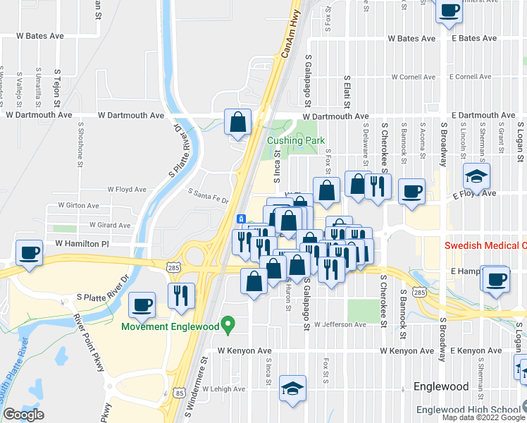 map of restaurants, bars, coffee shops, grocery stores, and more near in Englewood
