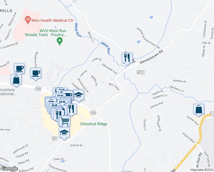 map of restaurants, bars, coffee shops, grocery stores, and more near The Villas Road in Morgantown