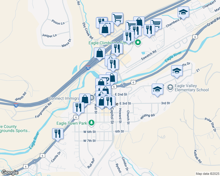 map of restaurants, bars, coffee shops, grocery stores, and more near 135 East 2nd Street in Eagle