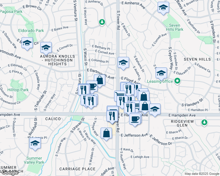map of restaurants, bars, coffee shops, grocery stores, and more near 18425 East Flora Drive in Aurora