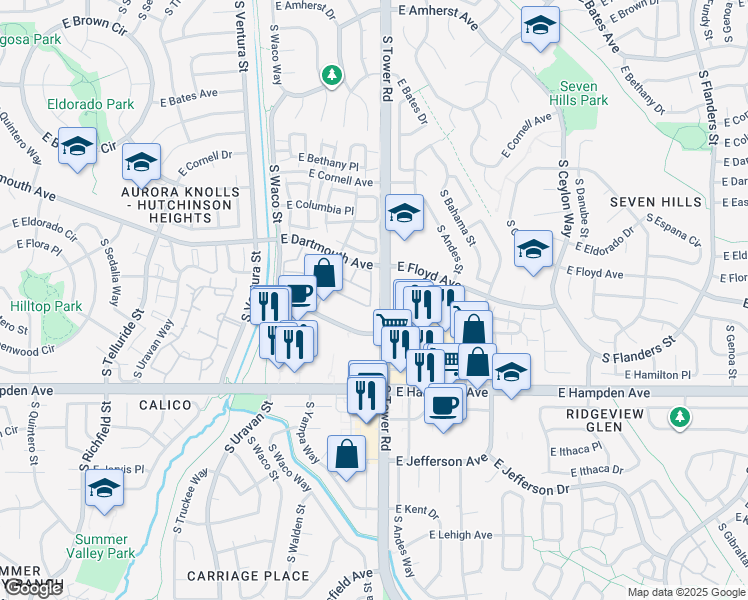 map of restaurants, bars, coffee shops, grocery stores, and more near 18385 East Girard Avenue in Aurora