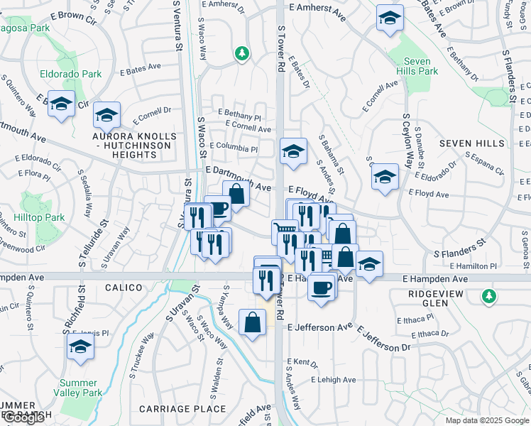 map of restaurants, bars, coffee shops, grocery stores, and more near 18385 East Girard Avenue in Aurora