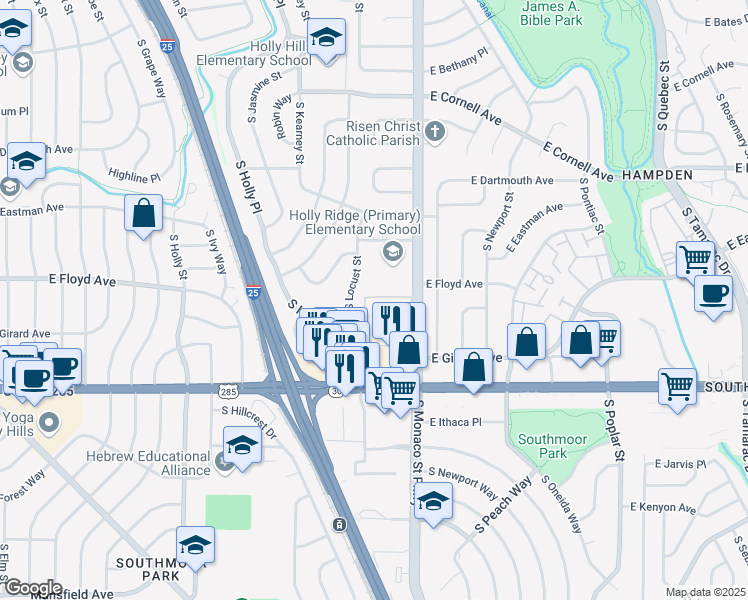 map of restaurants, bars, coffee shops, grocery stores, and more near 3331 South Monaco Parkway in Denver