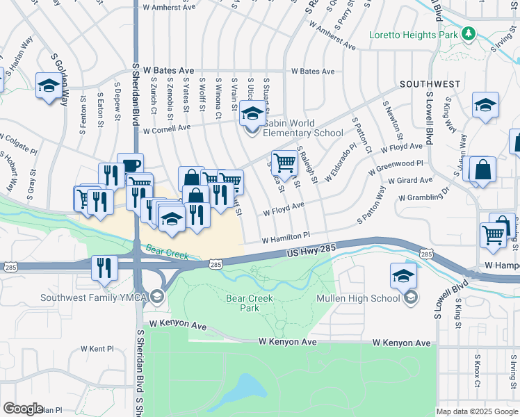 map of restaurants, bars, coffee shops, grocery stores, and more near 3333 South Vrain Street in Denver