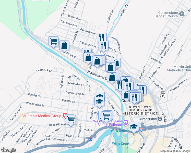 map of restaurants, bars, coffee shops, grocery stores, and more near 536 North Centre Street in Cumberland