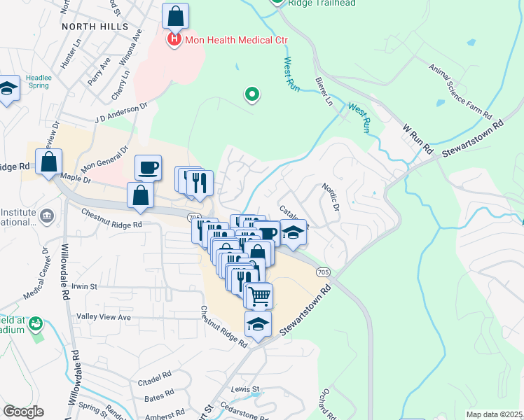 map of restaurants, bars, coffee shops, grocery stores, and more near 3525 Sun Trail in Morgantown