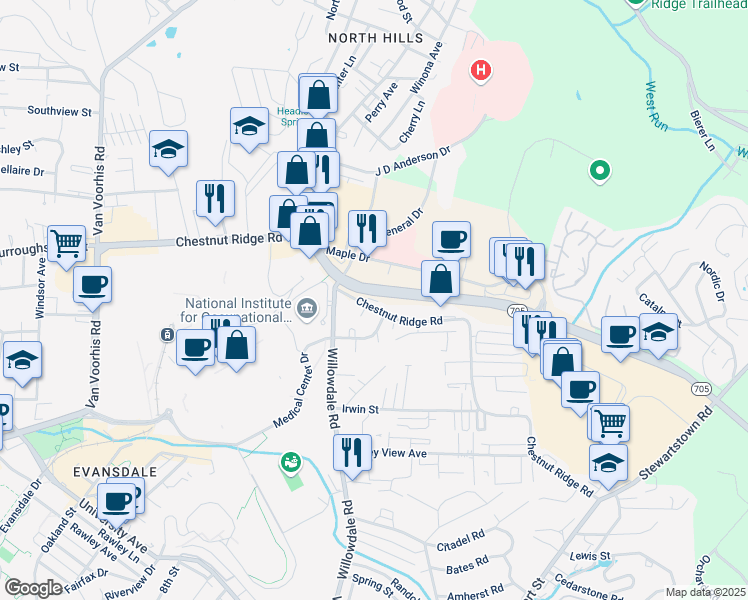 map of restaurants, bars, coffee shops, grocery stores, and more near 948 Chestnut Ridge Road in Morgantown