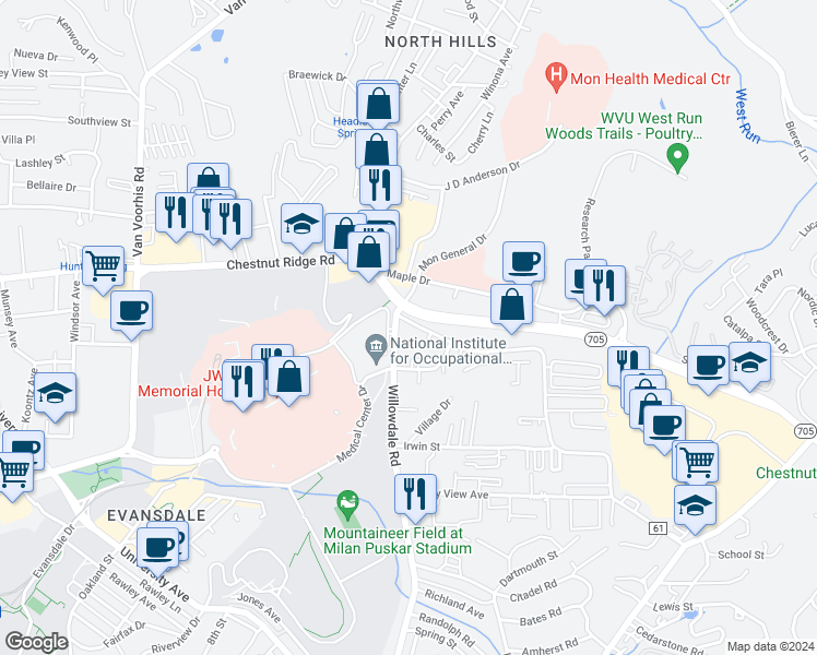 map of restaurants, bars, coffee shops, grocery stores, and more near in Monongalia County