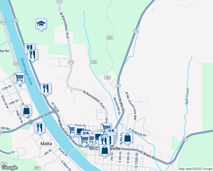 map of restaurants, bars, coffee shops, grocery stores, and more near 553 Pine Bark Lane in McConnelsville