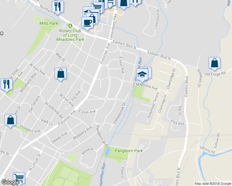 map of restaurants, bars, coffee shops, grocery stores, and more near 215 East Irvin Avenue in Hagerstown
